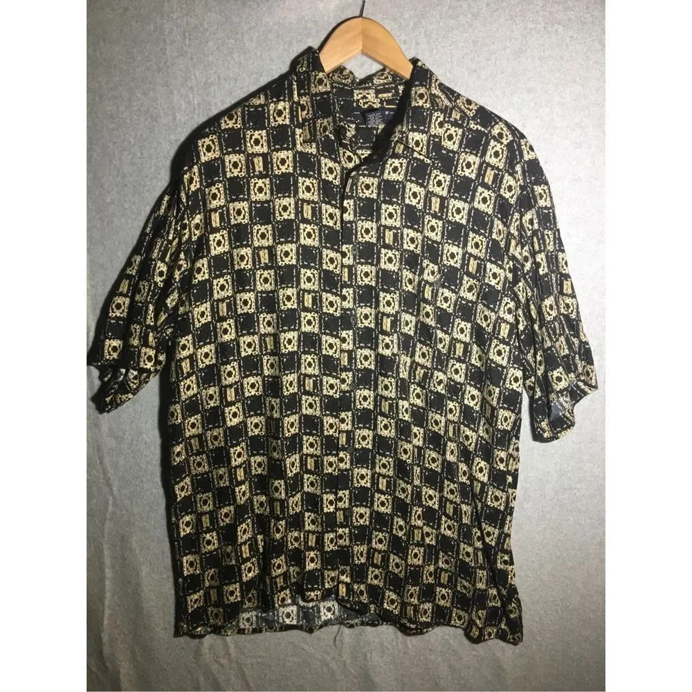 Mens Ivy Crew Button Down Shirt Square Pattern Rayon Contemporary Vintage